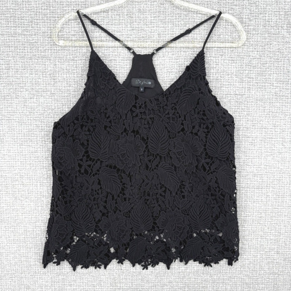 Y2K Lace Whimsigoth Tank Top Women Sz S Black Lace Floral‎ Cotton Boho Cottage